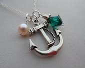 Bridesmaid Gifts - Anchor, Pearl, Swarovski Birthstone and Sterling Silver, Personalized Necklace