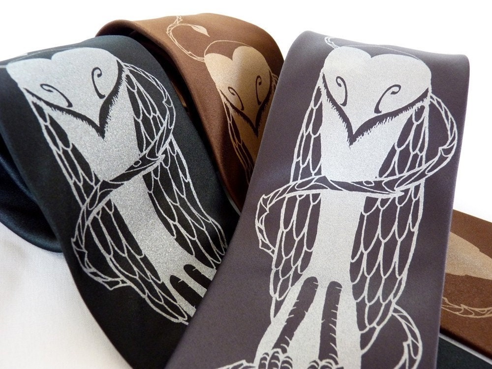 Owl Men's Necktie - Thorns of Wisdom Tie for Men in Black, Brown or Charcoal Gray