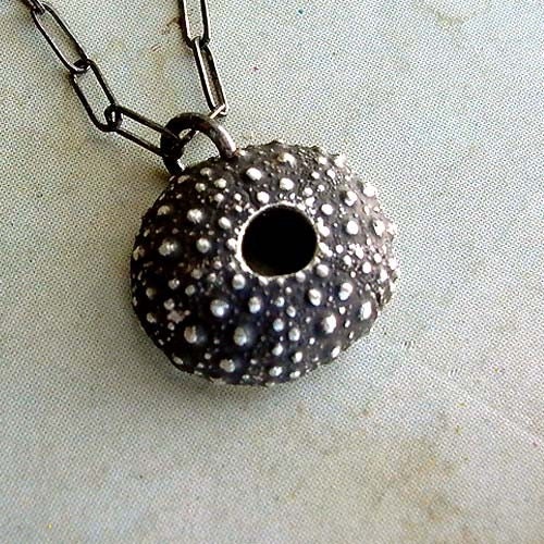 Sea Urchin Necklace - Black - Sterling Silver - Spiky - Bumpy - Beach Inspired - Oxidized - Rustic - Shell Necklace