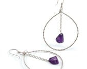 Earrings: Amethyst, Sterling Silver, Dangle, Twisted Wire Hoops.  Artisan Jewelry by SilviaMaciasDesigns on Etsy