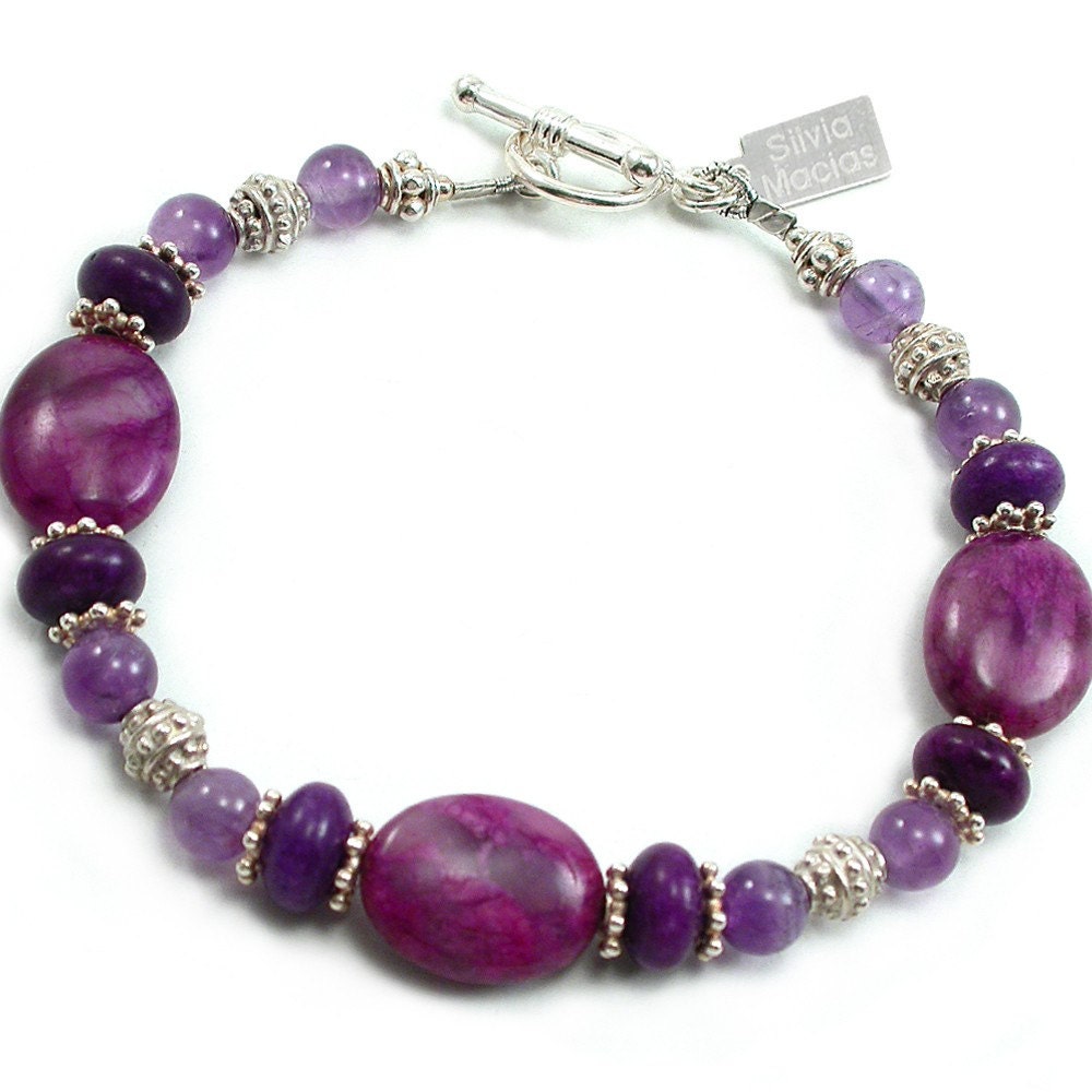 Bracelet: Amethyst, Sugilite Jasper, Sterling Silver, Beaded.  Artisan Jewelry by SilviaMaciasDesigns on Etsy
