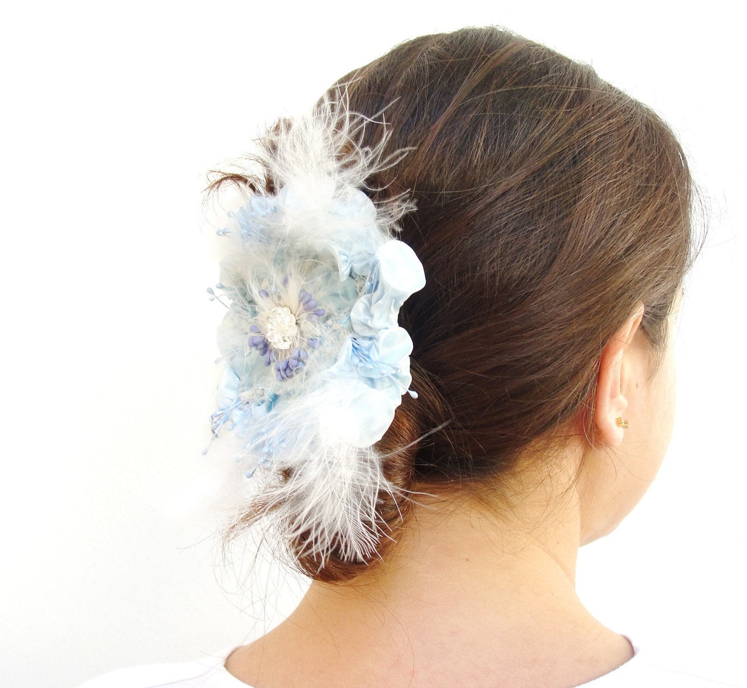 Light Blue Romantic Hair Adornment with Satin and Feathers