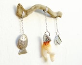 Beach Finds Installation - Driftwood, Seaglass, Coral, Fish charm  - Wall Hanging