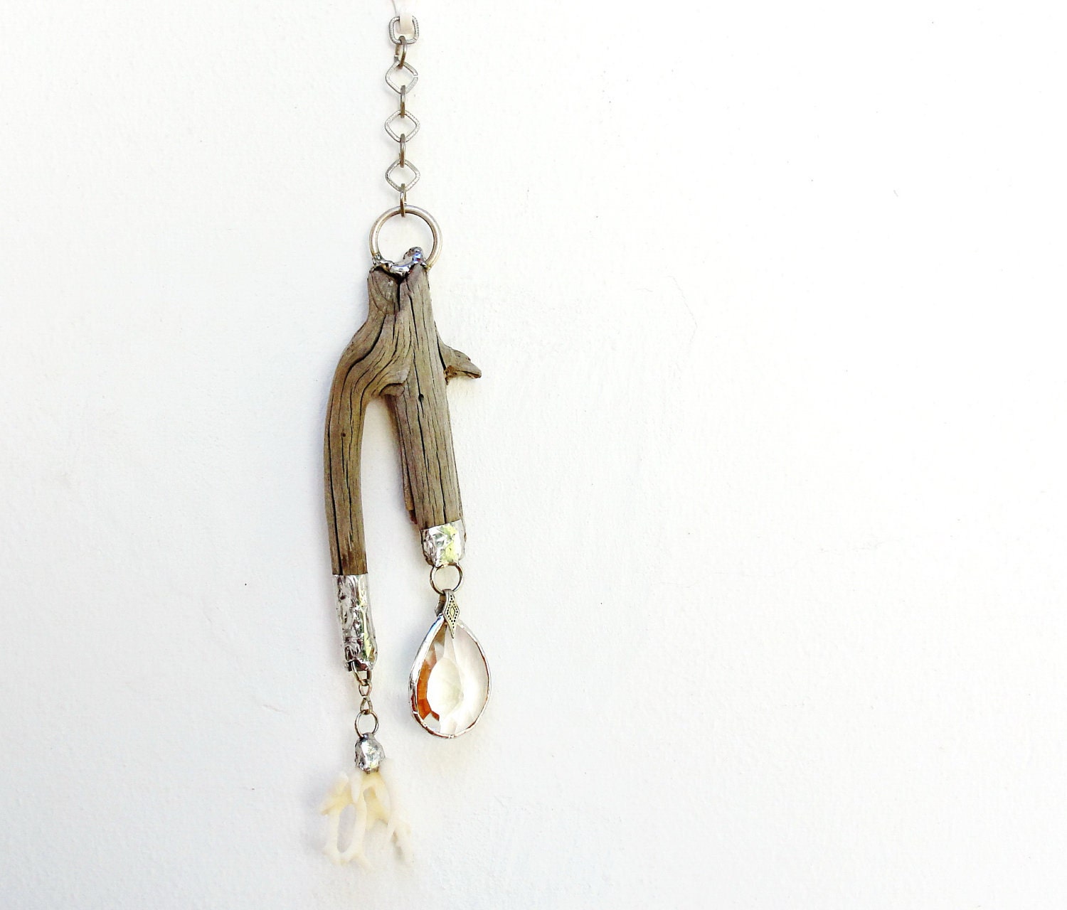 Beach Finds Installation - Driftwood, Vintage Crystal, Coral - Wall Hanging