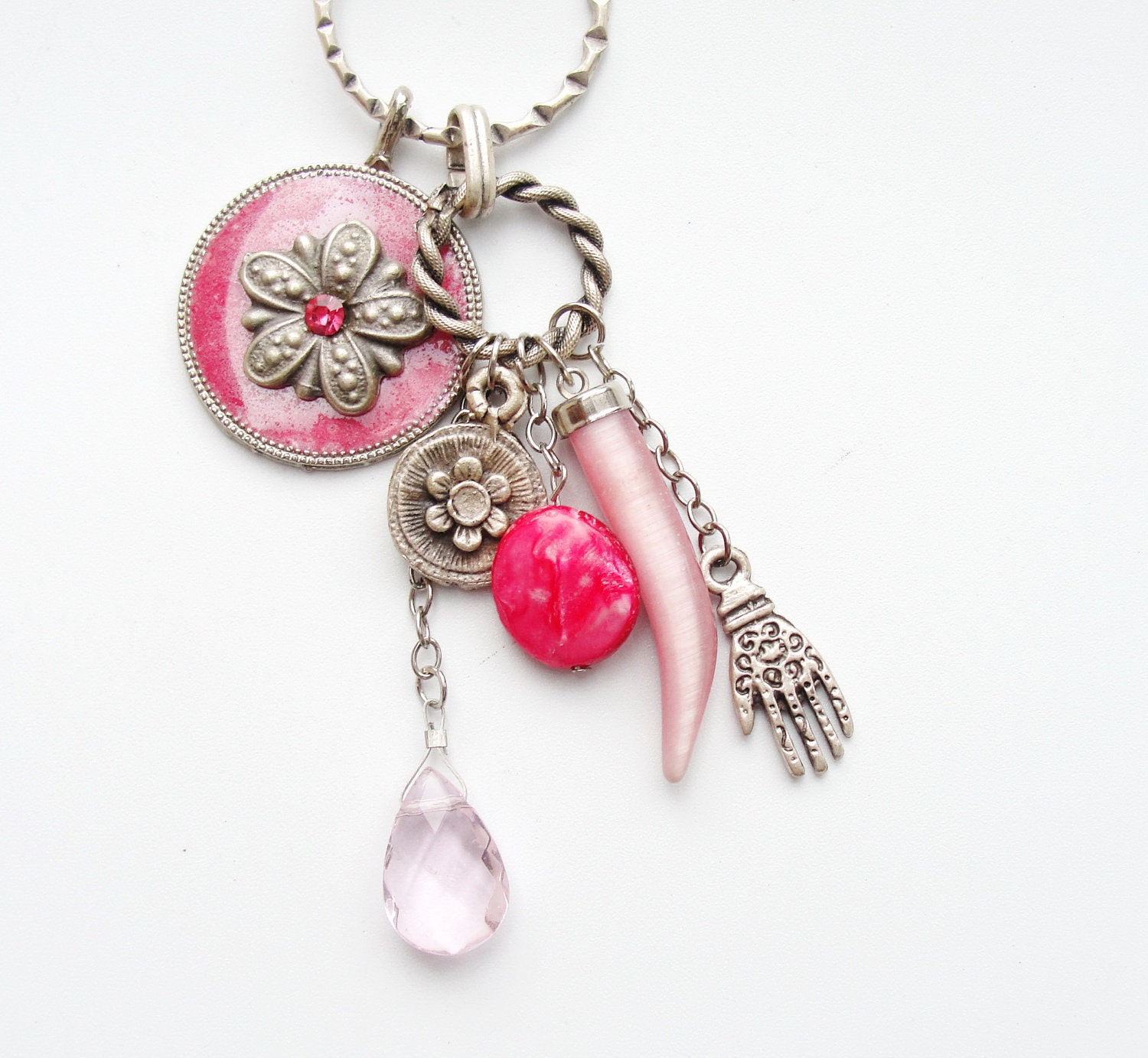 Pretty in Pink Keychain / Bag adornment - Mother of Pearl, Enamel, Glass, Metal