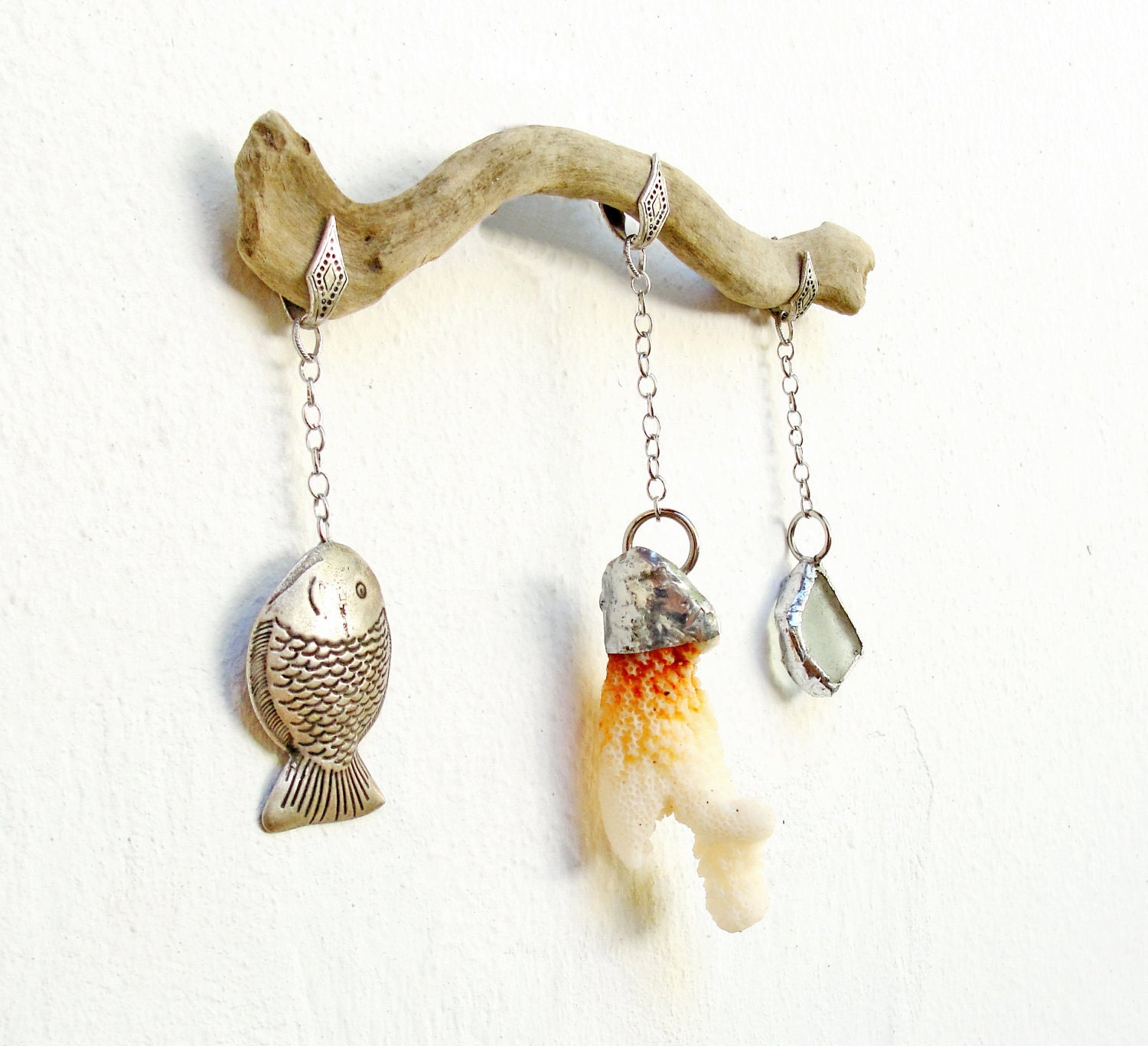 Beach Finds Installation - Driftwood, Seaglass, Coral, Fish charm  - Wall Hanging