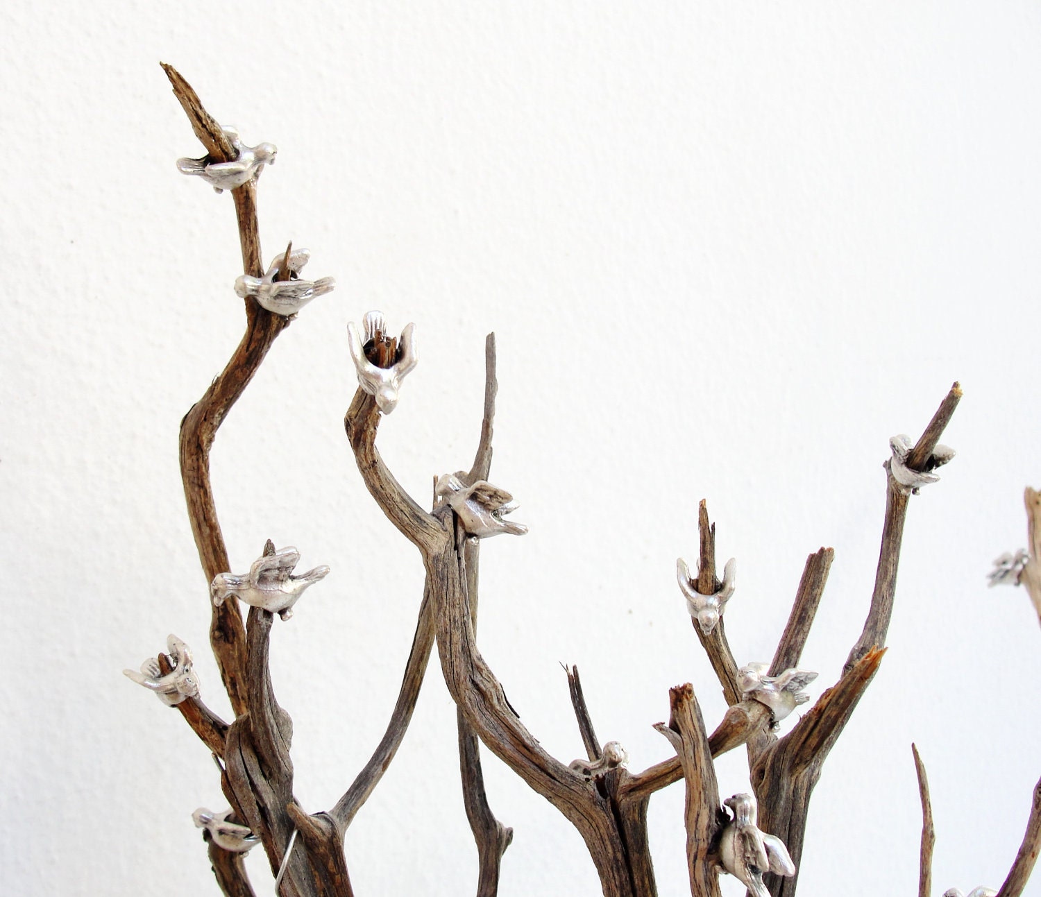 The Birds Tree - Wood Branches Metal Birds and Roots