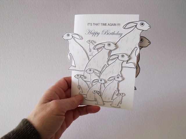 Its That Time Again  Happy Birthday Handmade Card in White with lots and lots of Grey Hares  READY TO SHIP