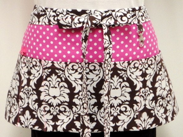 Chocolate Damask Zipper/Key Clasp Vendor Half Apron (Pick Your Dots)