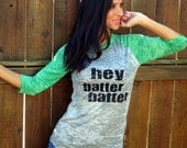Hey Batter Batter. Burnout Baseball Tee- Kelly Green Sleeves, Unisex size XS