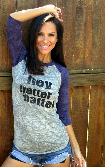 Hey Batter Batter. Burnout Baseball Tee- Navy Blue Sleeves, Unisex size MEDIUM