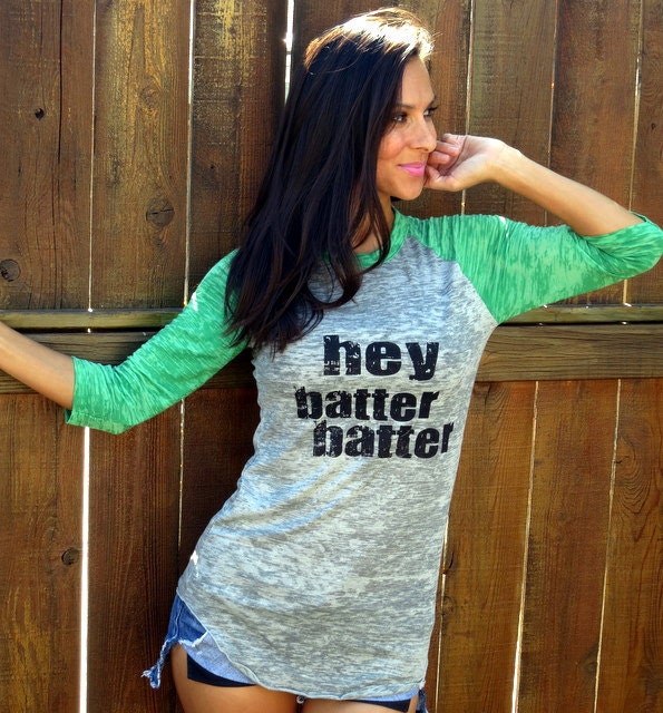 Hey Batter Batter. Burnout Baseball Tee- Kelly Green Sleeves, Unisex size SMALL