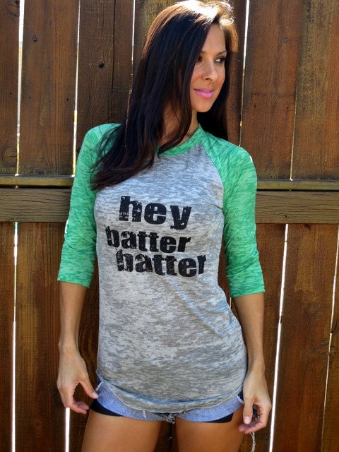 Hey Batter Batter. Burnout Baseball Tee- Kelly Green Sleeves, Unisex size SMALL