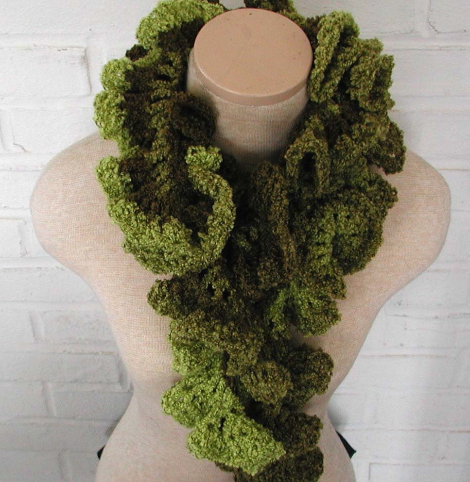 Olive Green Crochet Ruffle Scarf