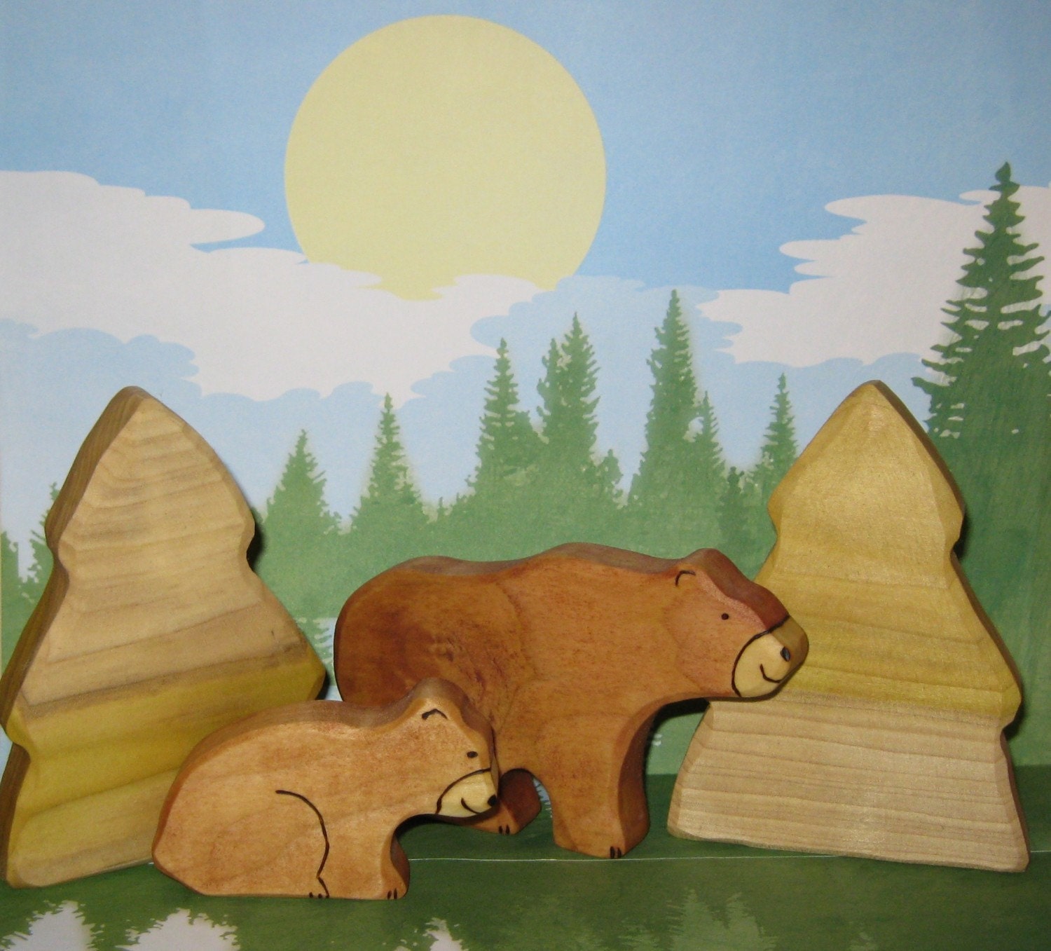Waldorf Inspired Mama and Baby  Wooden Family Brown Bear Play Toy Set