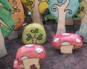 Waldorf Inspired Kids Wooden Play Red and White Polkadot Mushroom Toadstool Set