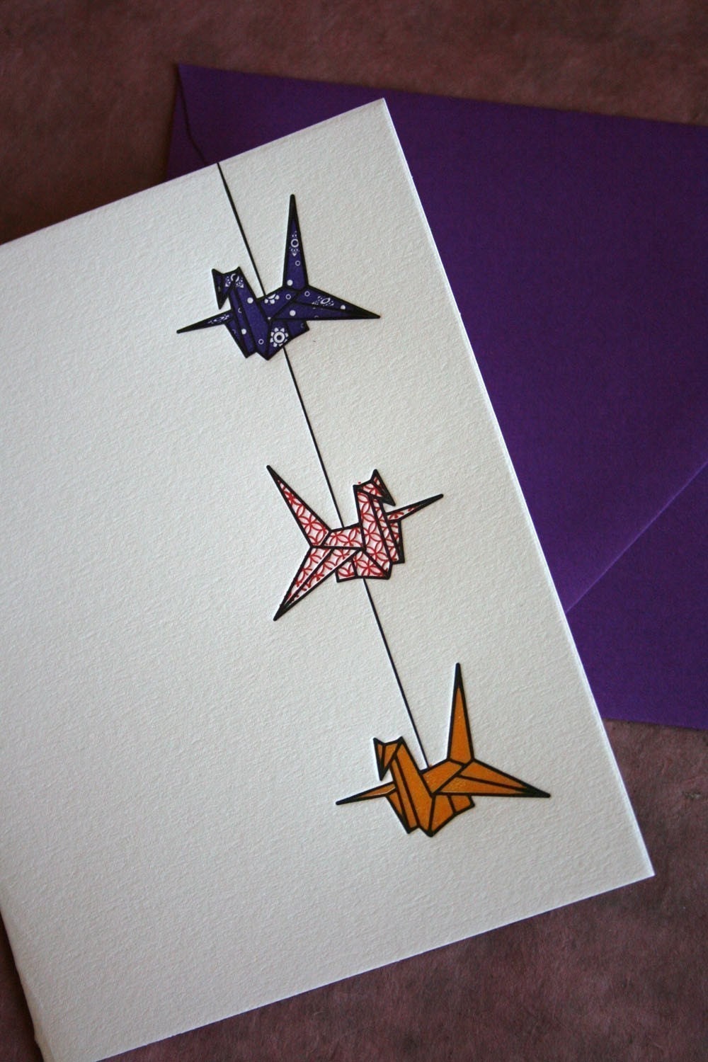 Set of 6 - Letterpress Printed String of Cranes Cards (Violet-Red-Orange)