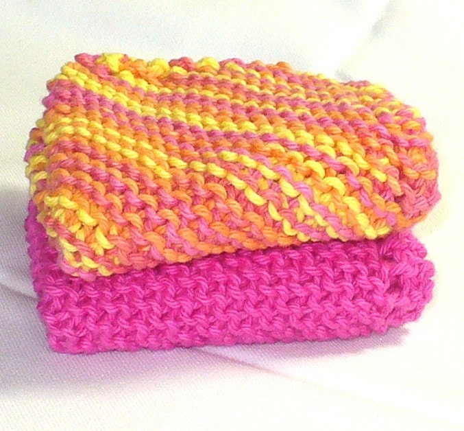 Knit Cloths - 100 Percent Cotton - Hand Knit Cloth Set - Festive Fun - Set of 2 - Pink Yellow Orange