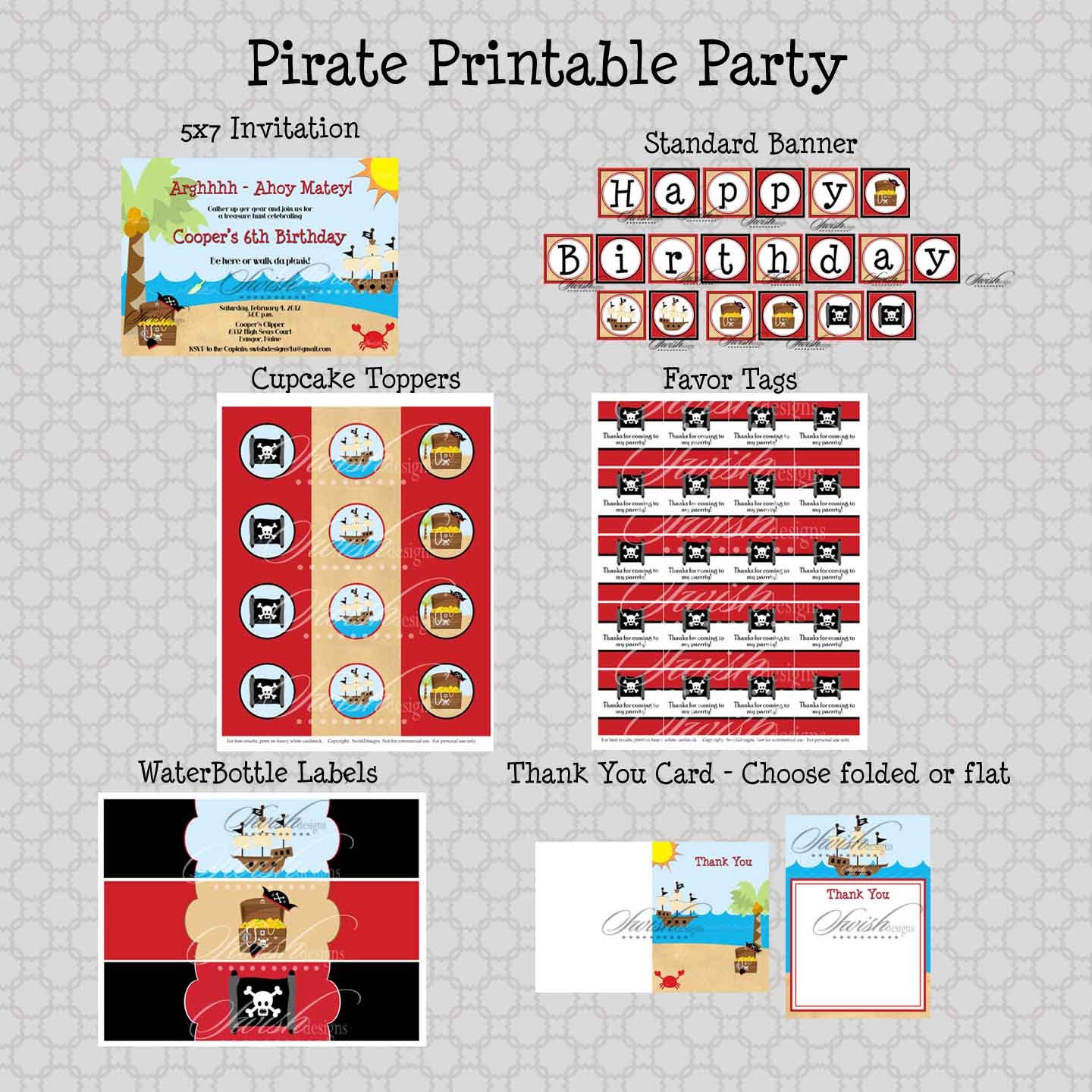 Pirate Birthday Party Package:  Printable DIY Includes custom 5x7 invite, favor tags, cupcake toppers, water bottle labels and more