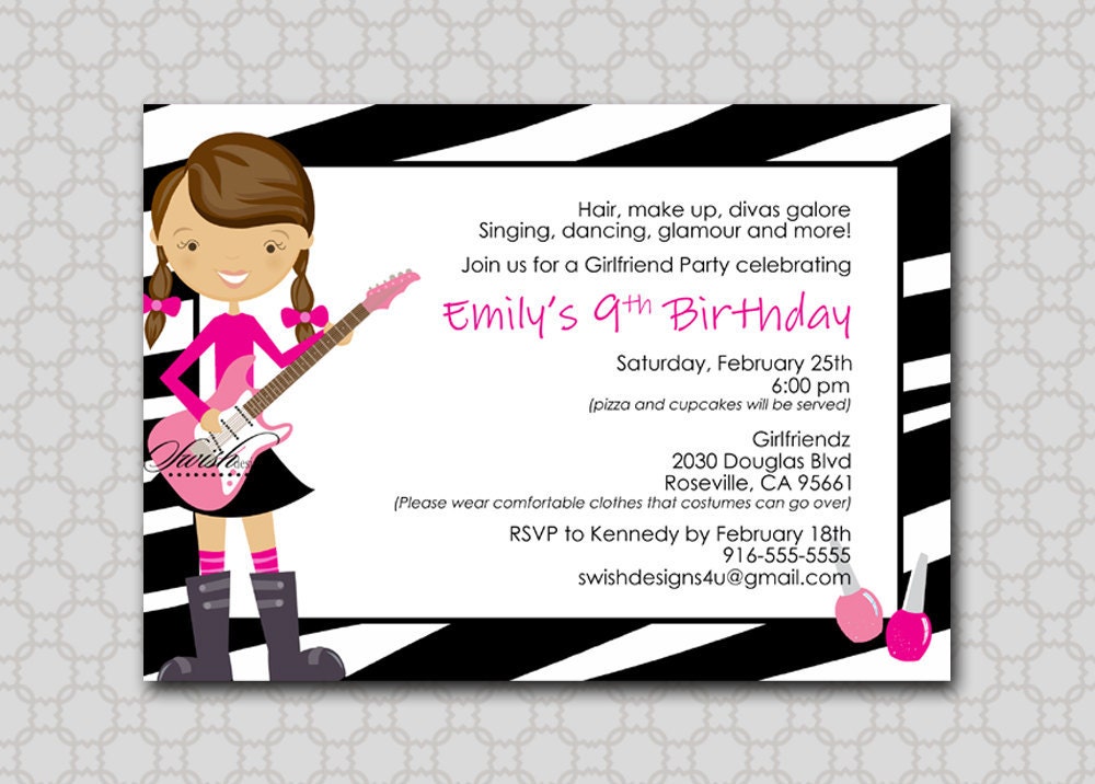 Glamour Girl Rocker Birthday Invitation - Printable Invite - zebra print guitar rock and roll hot pink 5x7 Il_170x135