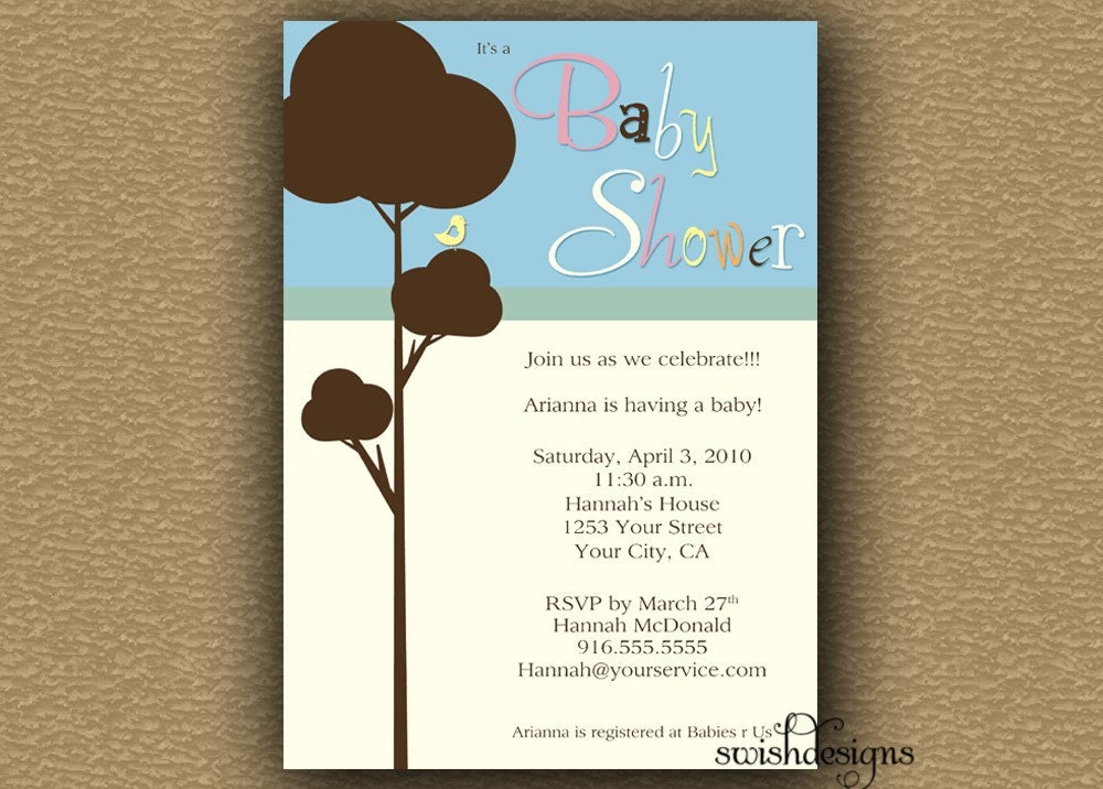 Baby Shower Invitation - bird, tree, modern - printable- blue pink gender neutral Il_570xn