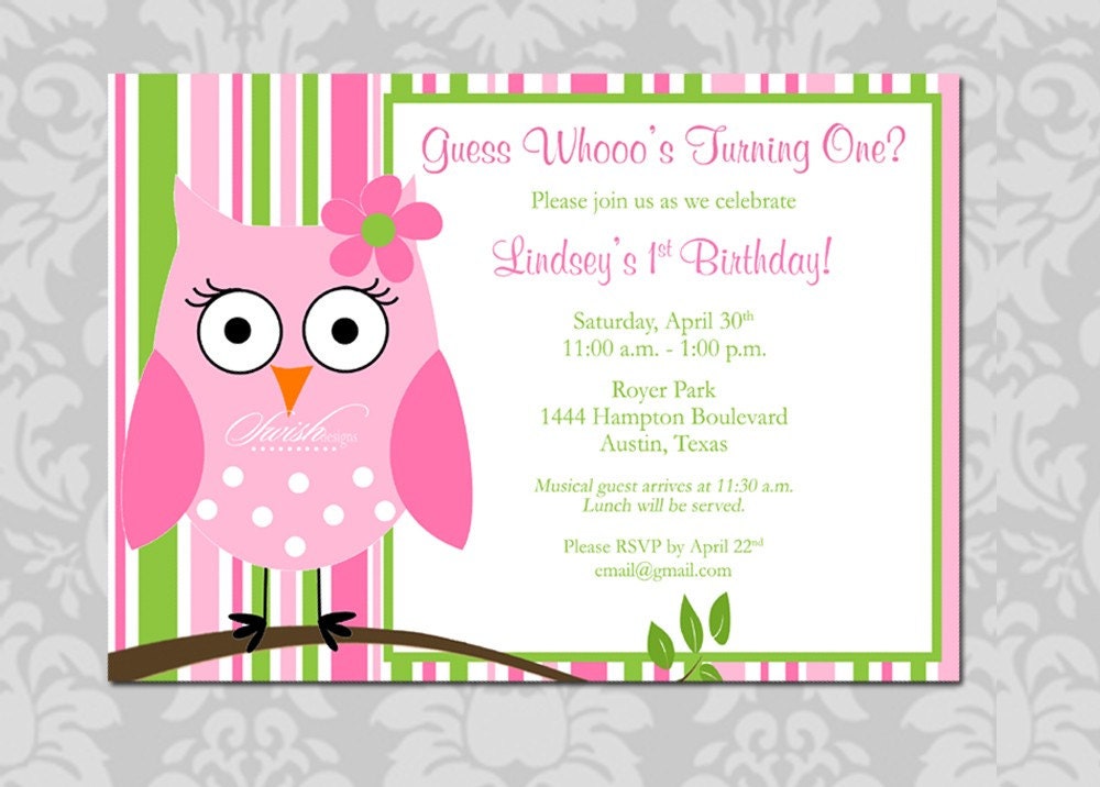 Owl Birthday Invitation - First Birthday Look Whoo's Turning One Stripes girl printable digital invitations pink and green Il_570xn