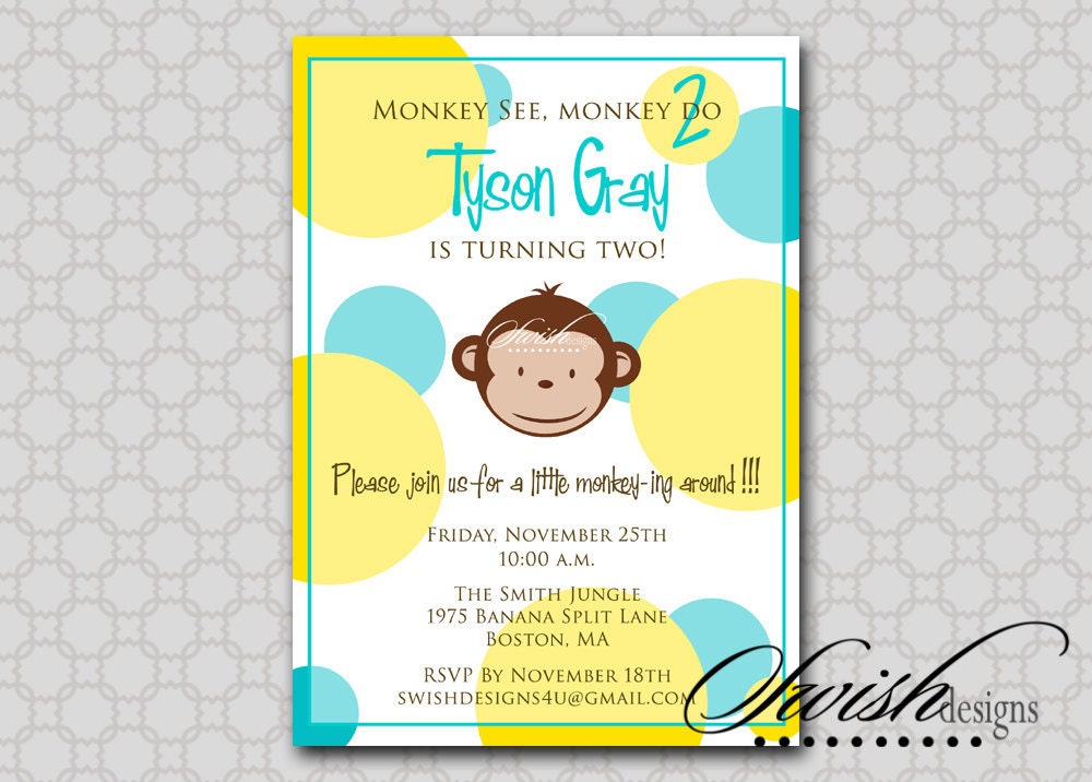 Monkey Birthday Invitation - Mod Monkey Modern Boy birthday party invitationPhoto printable invite Digital Il_570xn
