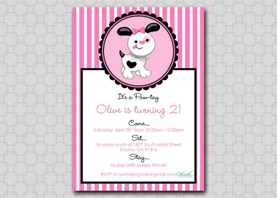 Puppy Birthday Invitation - 5x7 printable digital invite - Stripes girl printable digital invitations Il_570xn