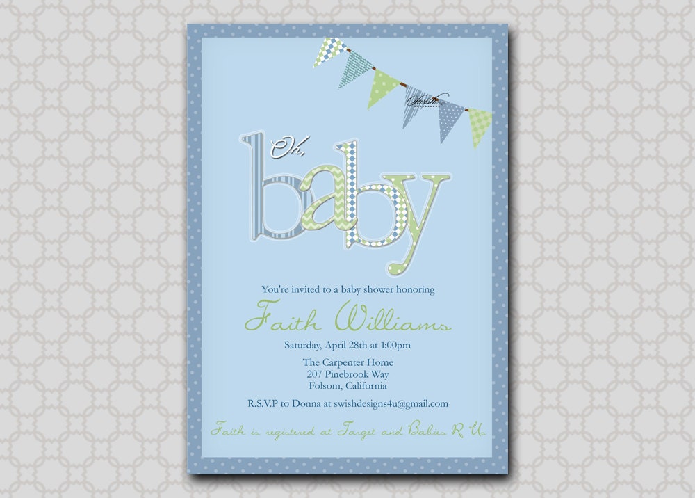 Oh Baby - Baby Shower Invitation Digital - Printable Invite - Pennant Banner Bunting Il_570xn