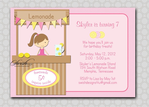 Lemonade Stand Birthday Invitation - lemon pink lemonade sunshine Printable Birthday Invite - 5x7 digital file Il_570xn