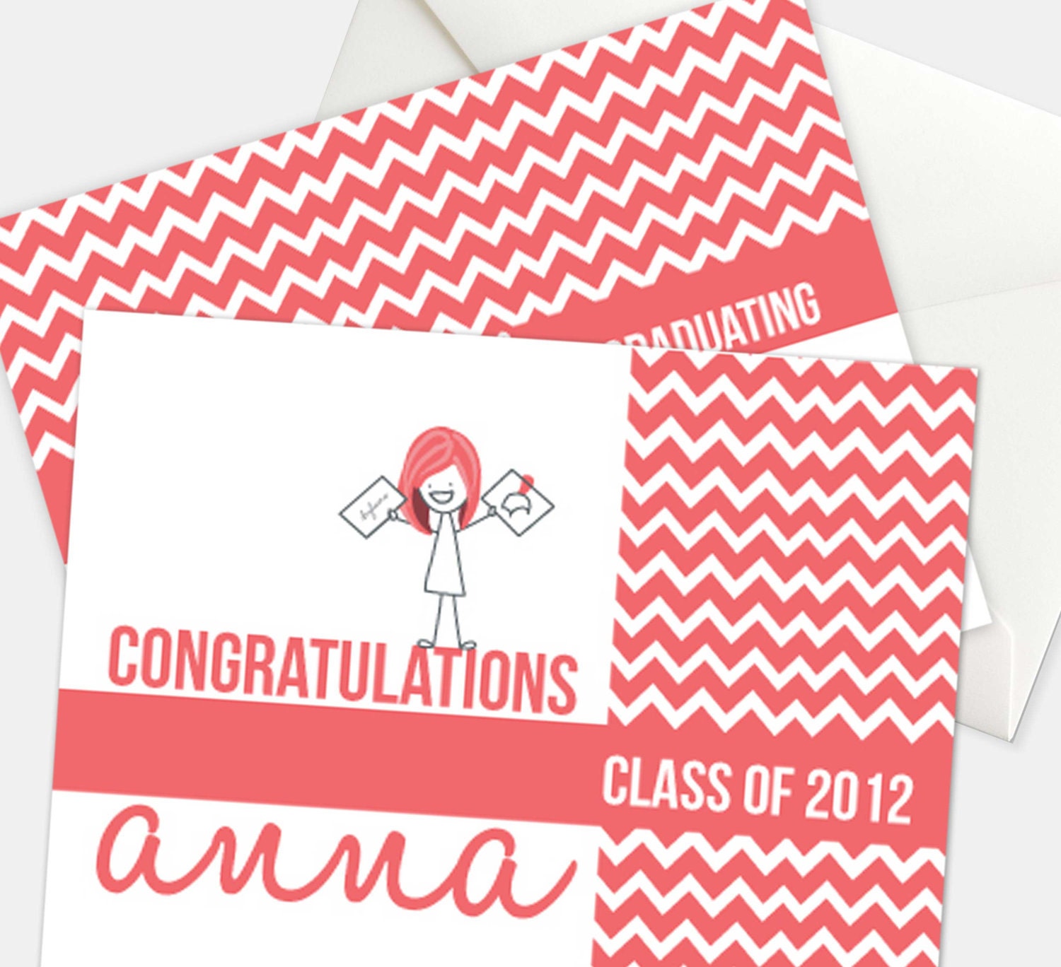 Illustrated Coral Cute Chevron Graduation Announcement