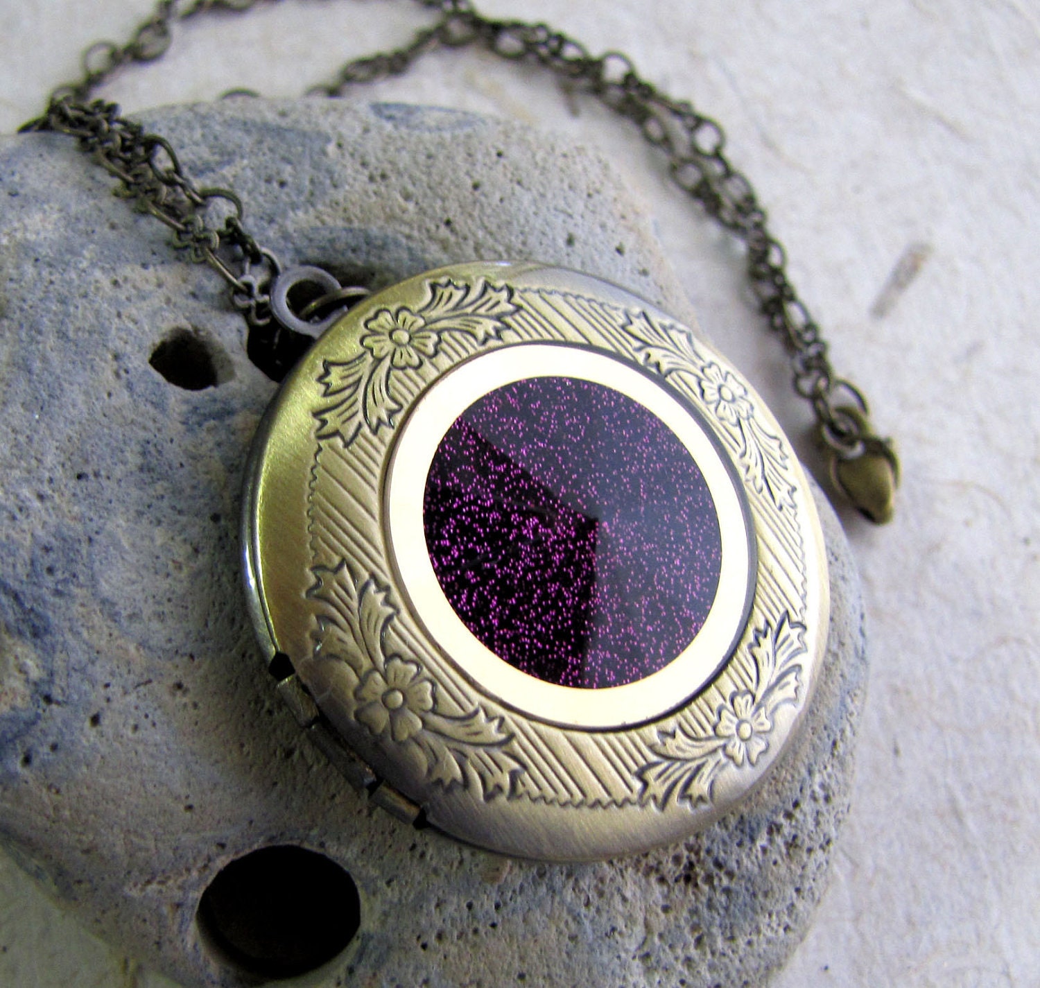 Locket Necklace Steampunk Prism Glass Fuchsia Sparkle