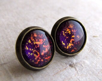 Purple and Red Post Earrings Small Color Changing Glitter Earrings Antiqued Brass