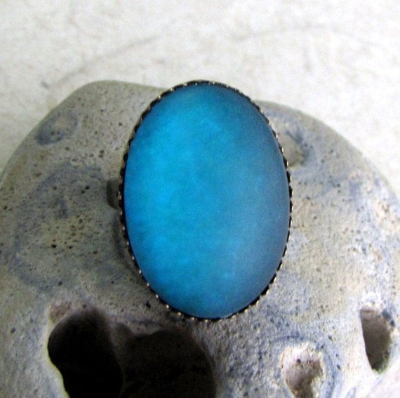 Big Teal Cocktail Ring - Satin Glow Caribbean Frost Ring in Antiqued copper