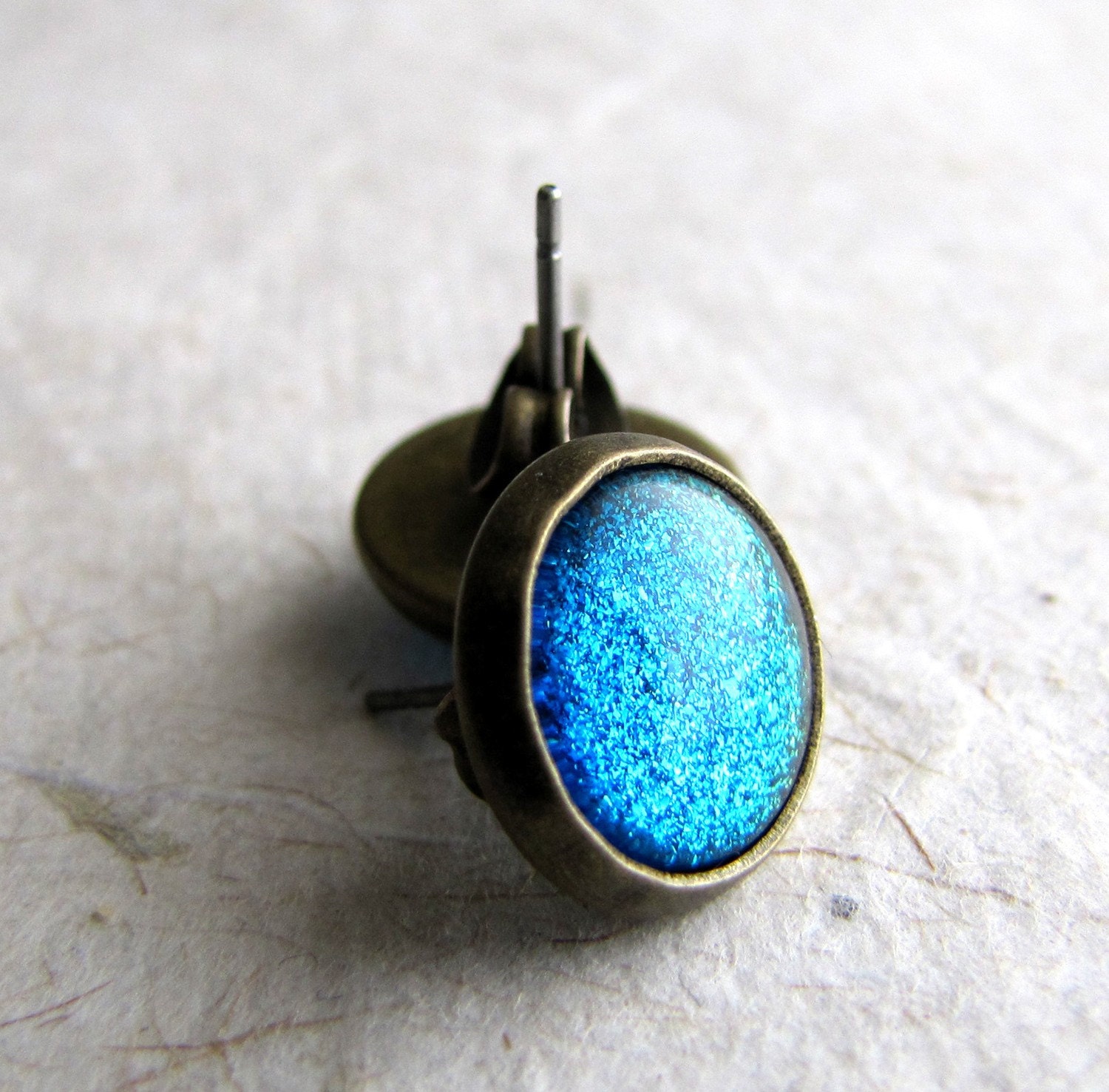 Blue Glitter Earrings - Turquoise Sparkle Post Earrings