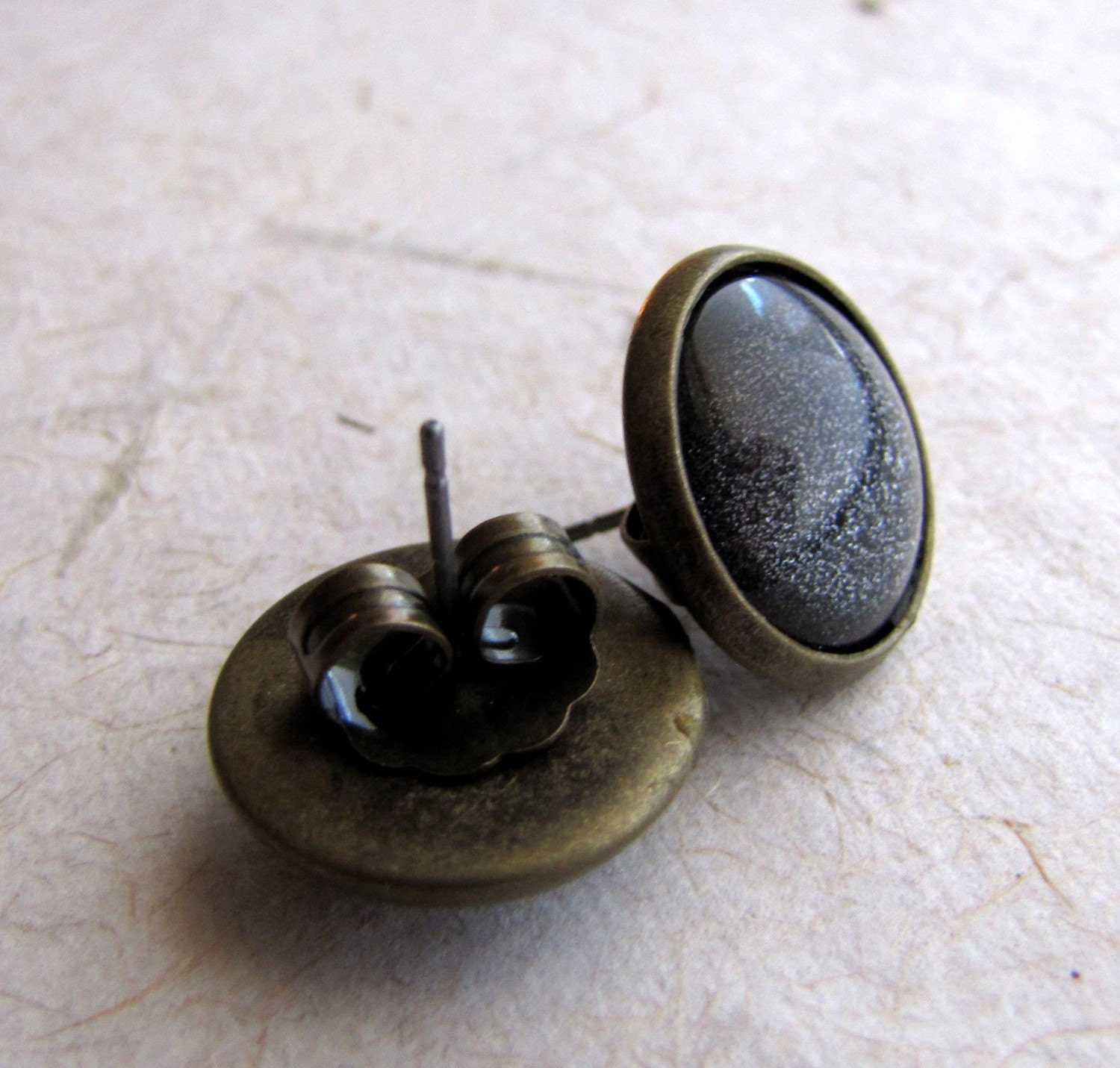 Gunmetal Gray Earrings - Antiqued Brass - Fake Plugs Faux Gauges