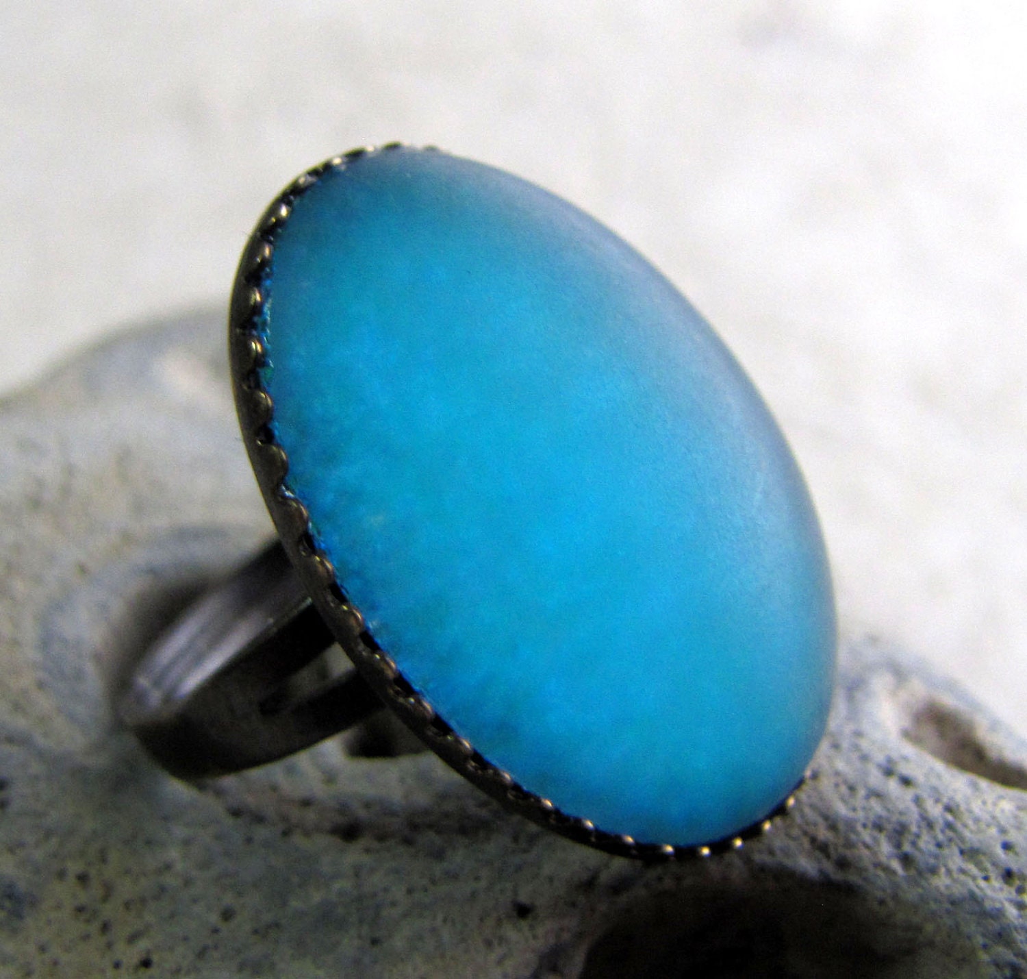 Big Teal Cocktail Ring - Satin Glow Caribbean Frost Ring in Antiqued copper