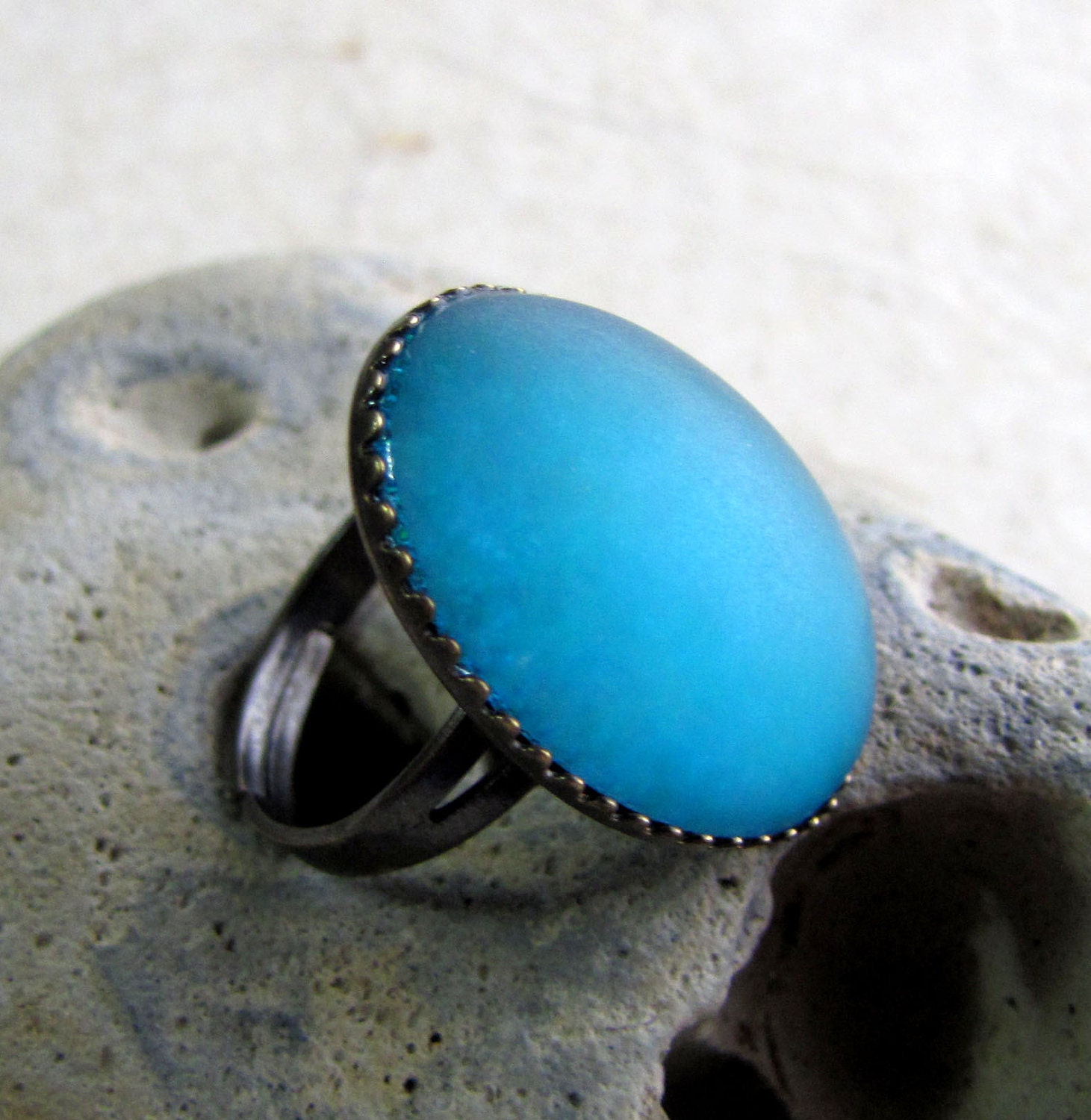 Big Teal Cocktail Ring - Satin Glow Caribbean Frost Ring in Antiqued copper