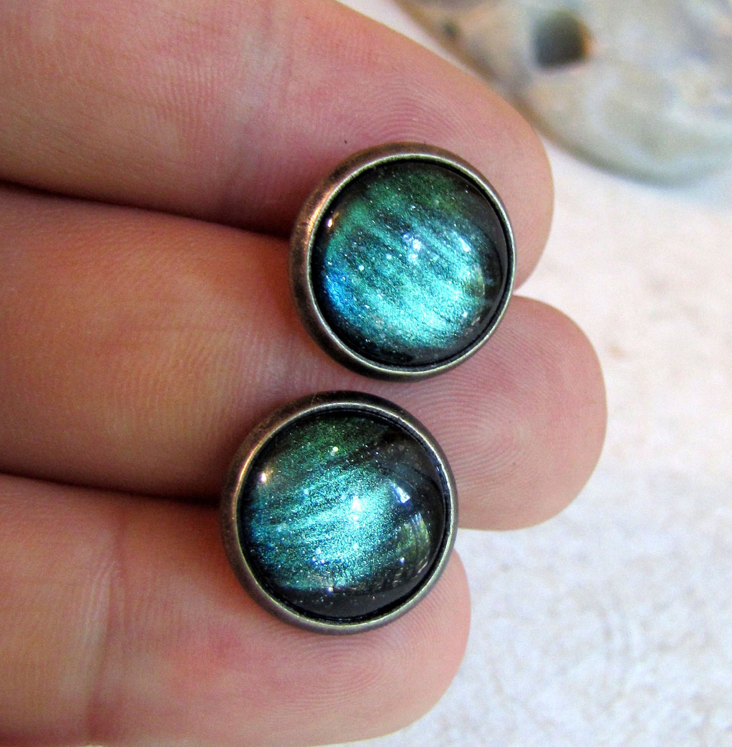 Northern Lights Post Earrings - Antiqued Silver - Blue Green Night Sky