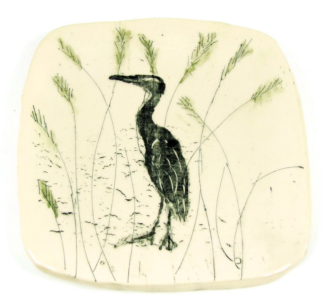 Square Ceramic Plate - Handmade Heron Plate - Ceramic Pottery Soap or Butter Dish - Ready to Ship Today - Mishima Style