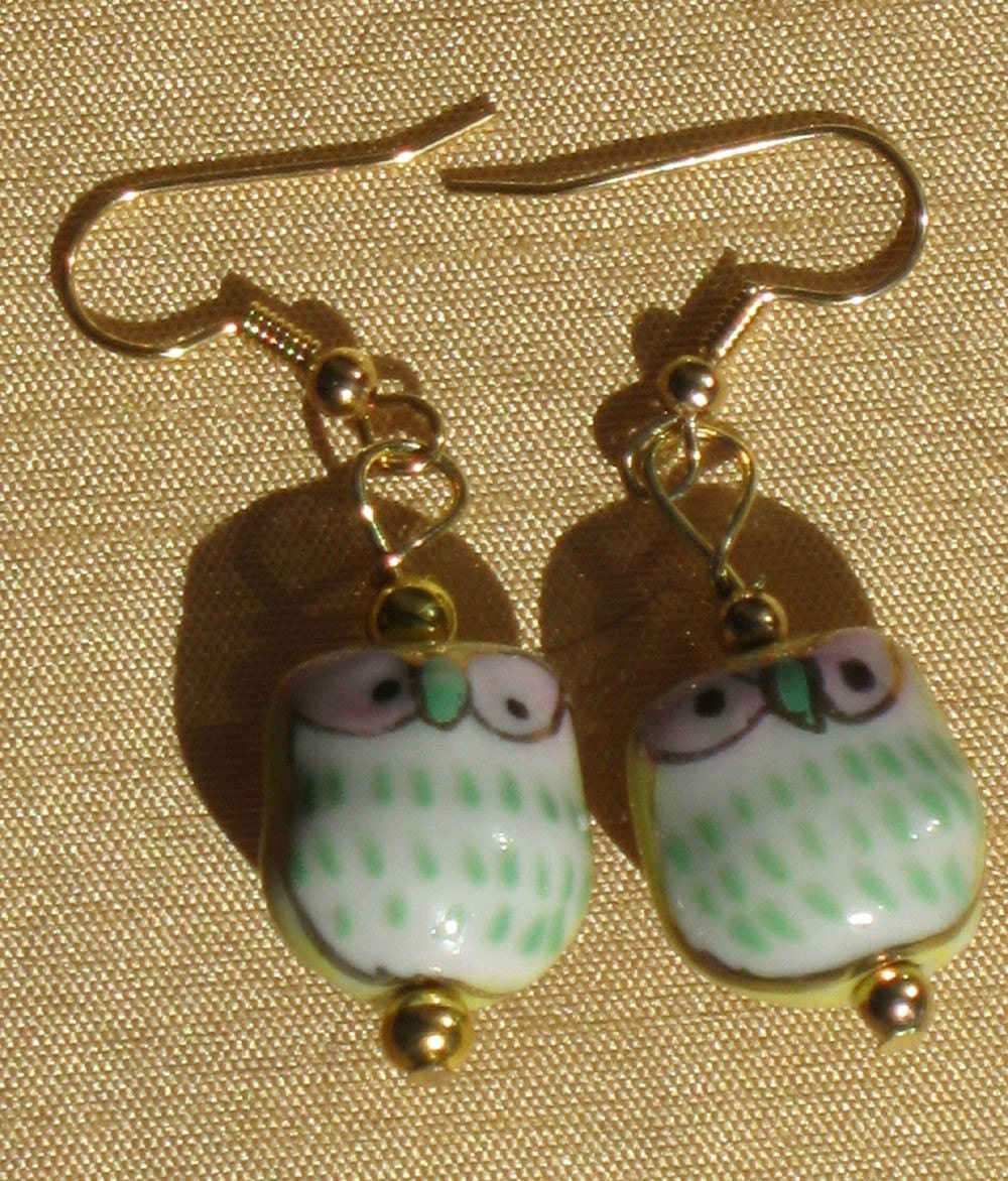 Darling Yellow, Green and Gold Ceramic Owl Earrings Free US Shipping