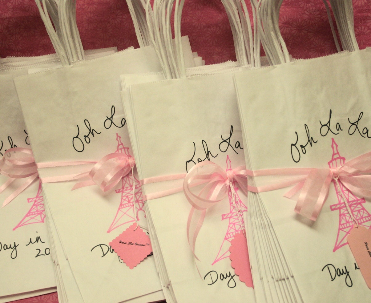 Paris Themed Party Favor Bags Set of 35 Eiffel Tower Personalized White Bag with Handle Ohhh lala