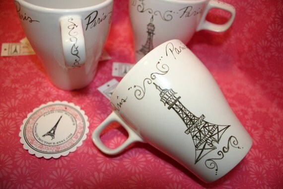 SALE - Paris Cafe Cups Mugs Set of 4 with Eiffel Tower in French