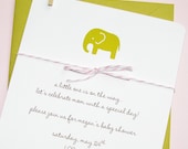 girls baby shower invite chartreuse elephant, pink divine twine, heavy cotton cardstock, set of 8