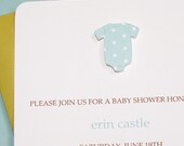 boy baby shower invitation, handmade, pool polka dot onesie, cotton stock, return address labels - set of 8