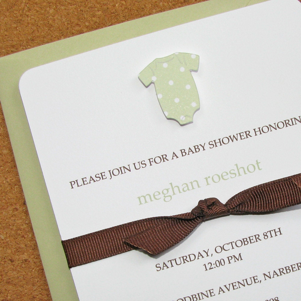 baby shower invitations grosgrain ribbon embellished, celery polka dot onesie, handmade, cotton stock - set of 8