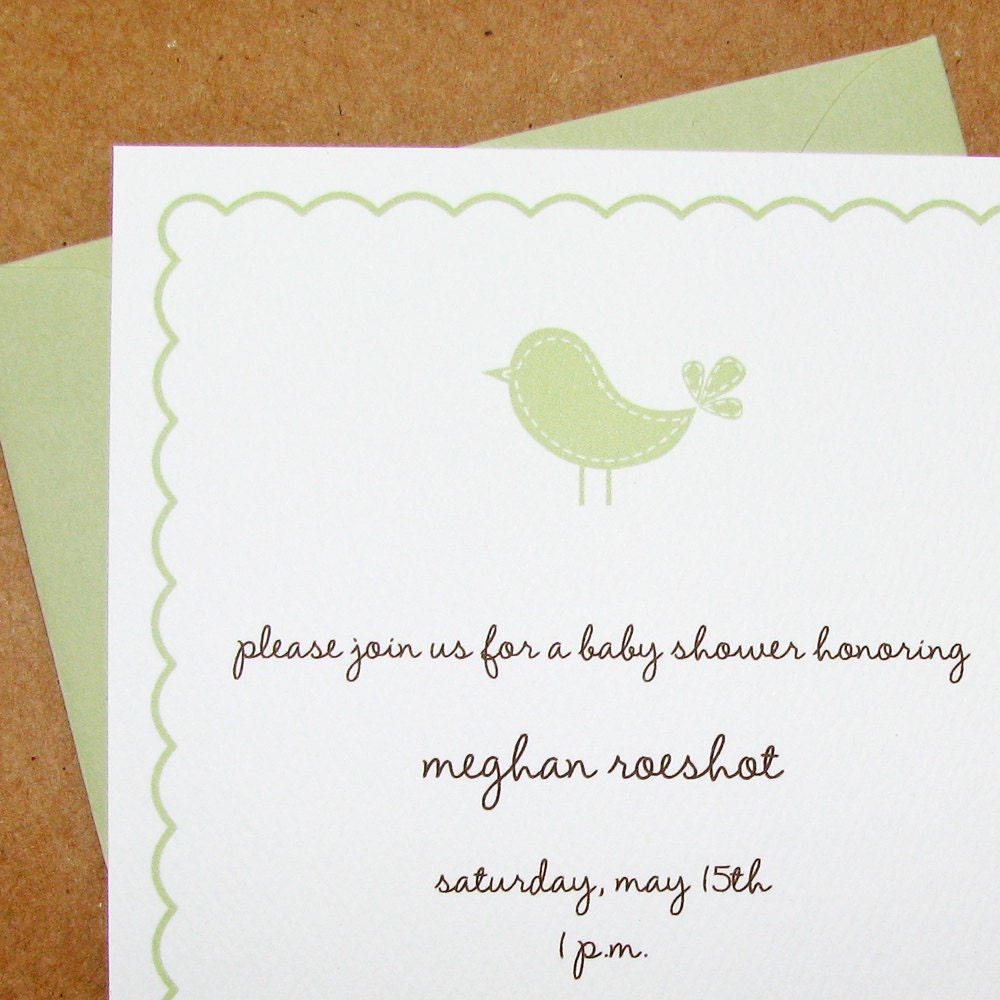 gender neutral baby shower invitations, stitched baby bird, recycled, textured stock