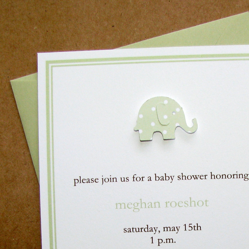 Elephant Baby Shower Invitations, handmade, celery polka dot, heavy cotton stock - set of 8