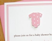 girl baby shower invitation heavy cotton stock - handmade, pink polka dot baby onesie