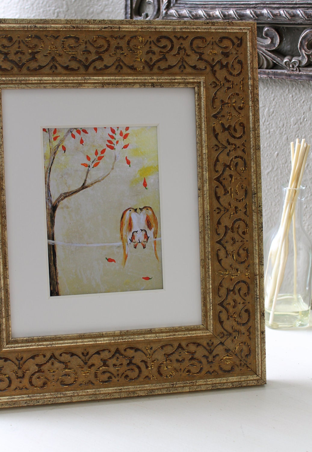Love Beneath the Chili Pepper Tree (8x10 Print of bird family with two babies on a wire warm colors)